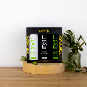 CoFFret de 3 huiles d'olive vierge extra Maison Leydier - Goût Intenso, Goût à l'Ancienne, et Goût Subtil - 3x0,25L avec olives fraîches et décor naturel.